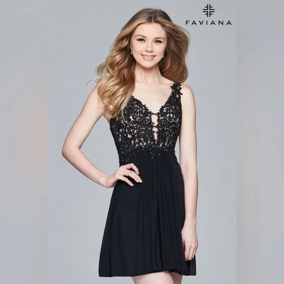 Faviana Dresses Faviana Short Mesh Cocktail Dress With Lace